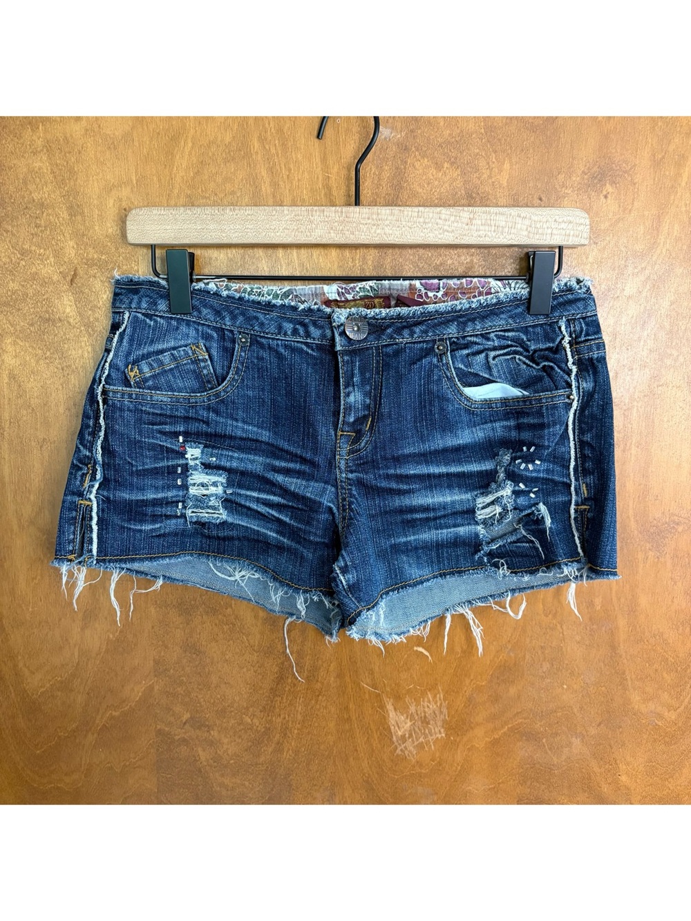 Vintage Y2K Blue Beaded Denim Low Rise Micro Mini Shorts Mcbling Bratz Grunge 7